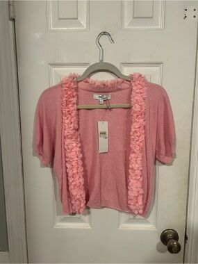 NWT Cropped Pink Floral-Trim Short Sleeve Open Cardigan